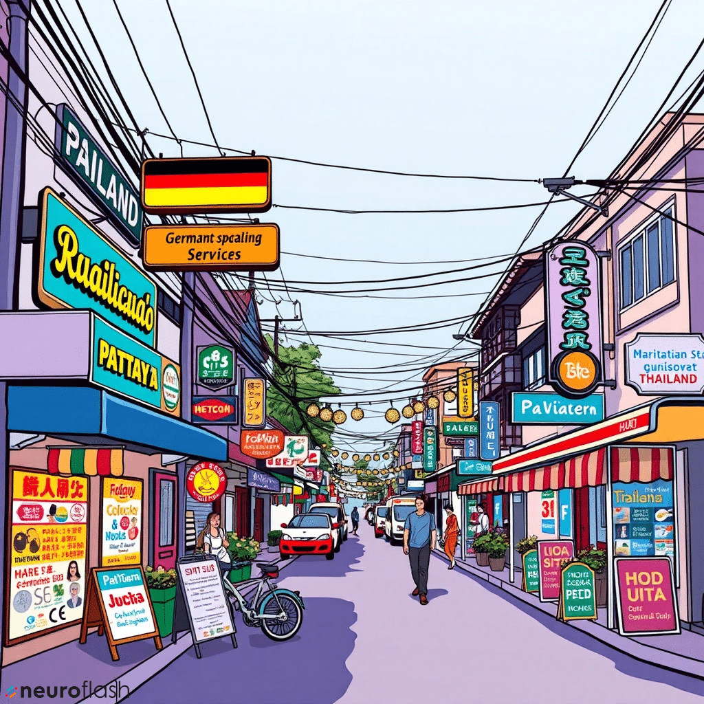 a street with signs and people walking on it